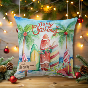 Merry Christmas Surfboards on the Beach Throw Pillow