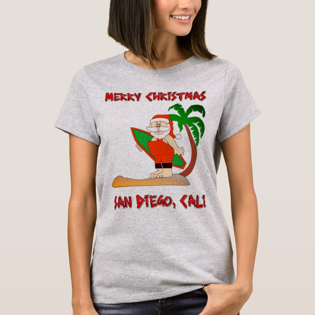 Merry Christmas Surfing Santa San Diego Cali T-Shirt (Front)