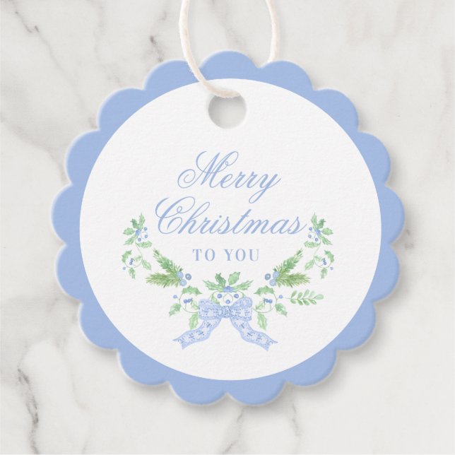 Merry Christmas Swag with Blue Bow Favor Tags (Front)