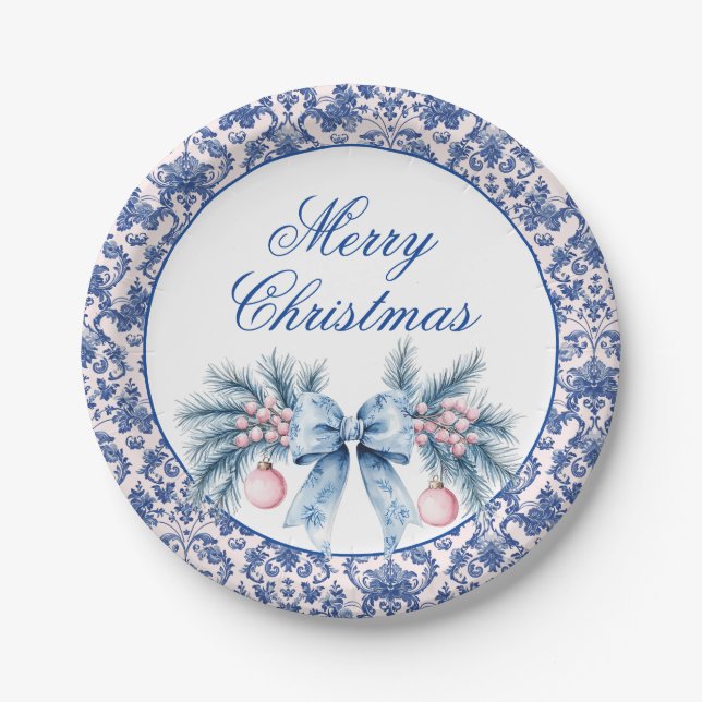 Merry Christmas  Swag with Ornaments and Bow Paper Plates (Front)