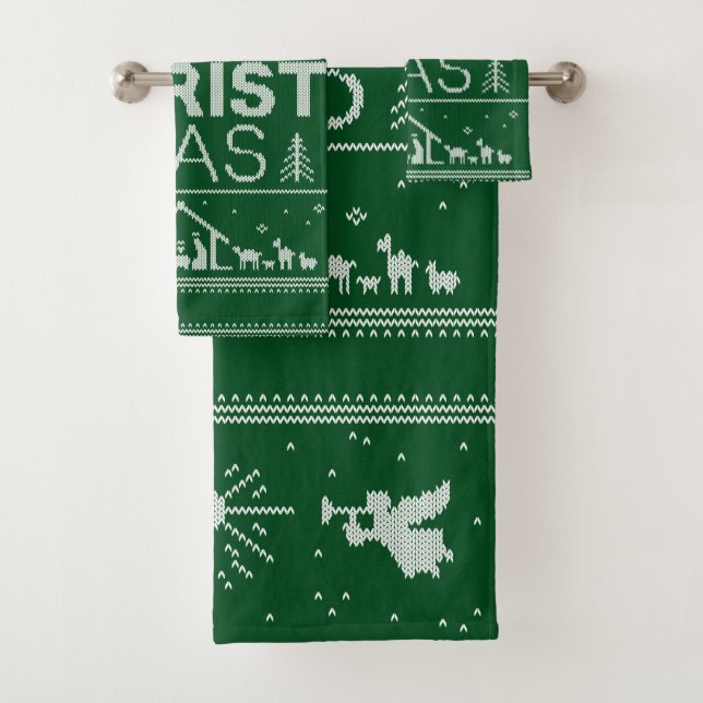 Merry CHRISTmas Sweater Christian Jesus Green Bath Towel Set (Insitu)