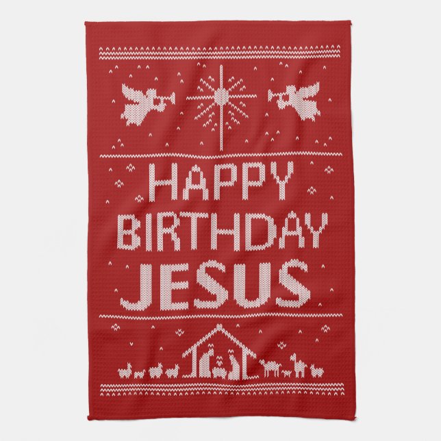 Merry Christmas Sweater Happy Birthday Jesus Faith Kitchen Towel (Vertical)