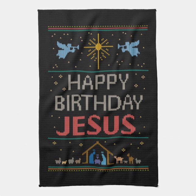 Merry Christmas Sweater Happy Birthday Jesus Kitchen Towel (Vertical)