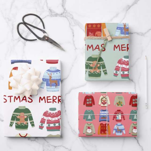 Merry Christmas Sweaters Wrapping Paper Sheets (Front)