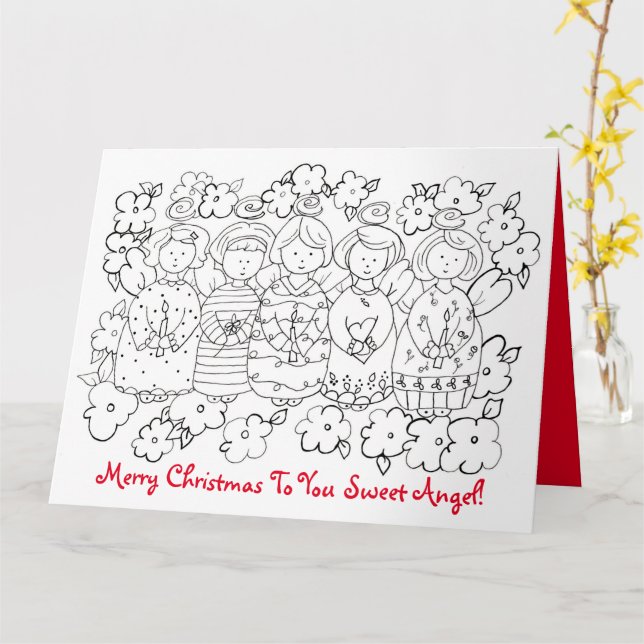 Merry Christmas Sweet Angel Coloring Book Card (Yellow Flower)