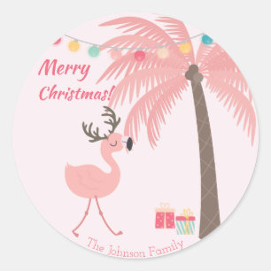 Merry Christmas - Sweet Tropical Santa Flamingo Classic Round Sticker