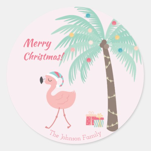 Merry Christmas  _  Sweet Tropical Santa Flamingo Classic Round Sticker