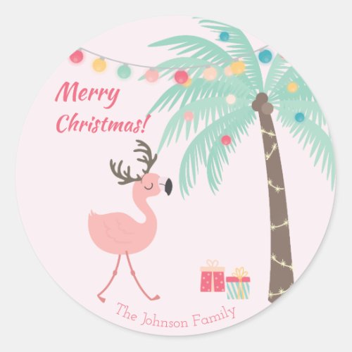 Merry Christmas  _  Sweet Tropical Santa Flamingo  Classic Round Sticker