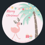Merry Christmas  -  Sweet Tropical Santa Flamingo  Classic Round Sticker<br><div class="desc">NewParkLane - Personalized Christmas Stickers,  featuring a tropical scene with a cute pink flamingo with antlers,  and a decorated palmtree with Christmas presents. 
Check out this collection for matching items! Do you have specific personal design wishes? Feel free to contact me!</div>