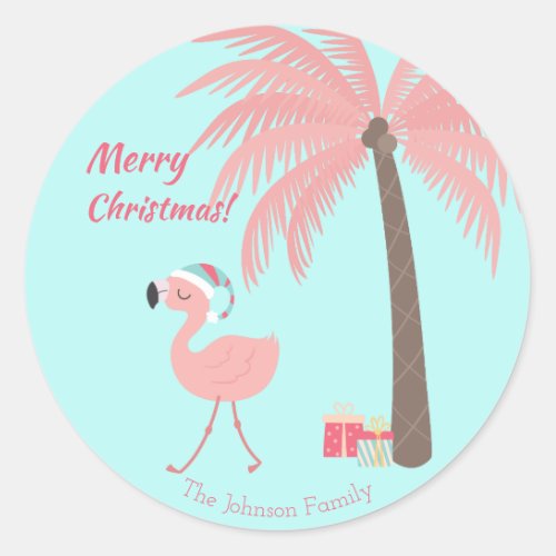 Merry Christmas  _  Sweet Tropical Santa Flamingo  Classic Round Sticker