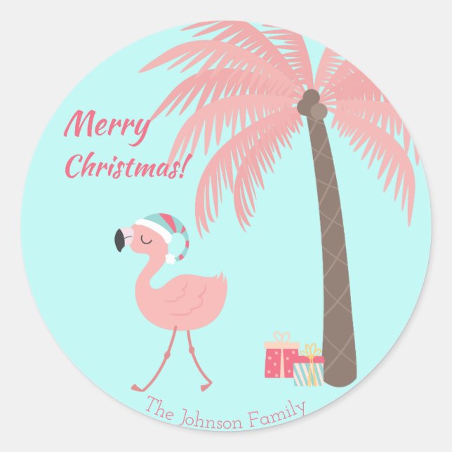 Merry Christmas  -  Sweet Tropical Santa Flamingo  Classic Round Sticker (Front)