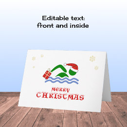 Merry christmas swimmer bringing gift holiday card