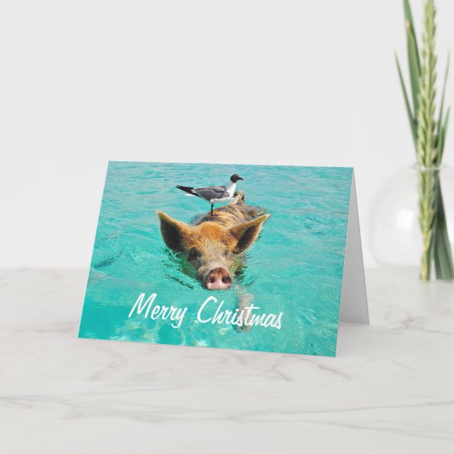 Merry Christmas Swimming Pig Holiday Card (Front)