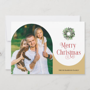 Merry Christmas Swirl Arched Photo Message Gold Holiday Card