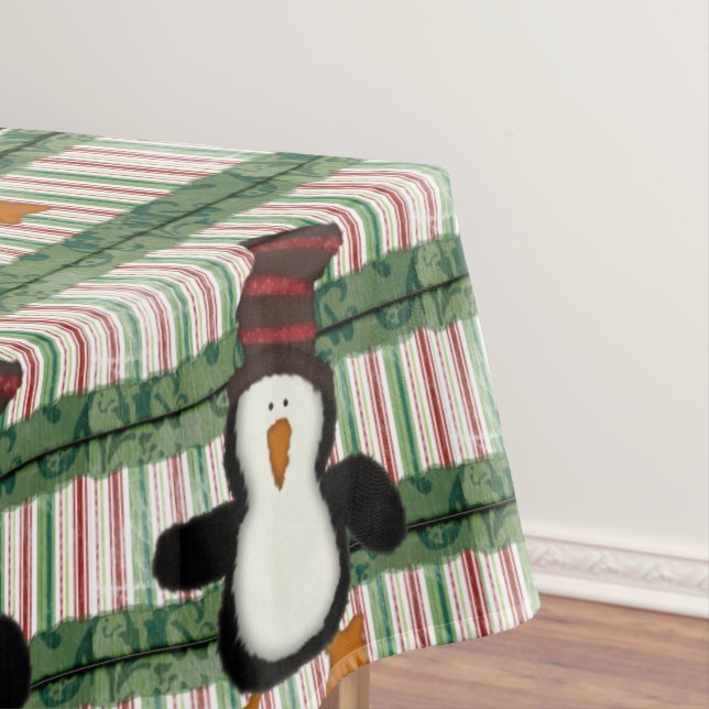 Merry Christmas Tablecloth, Green Plaid Penguin  Tablecloth (In Situ)