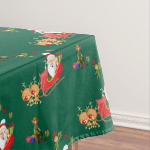 Merry Christmas Tablecloth, Green Santa Elf  Tablecloth