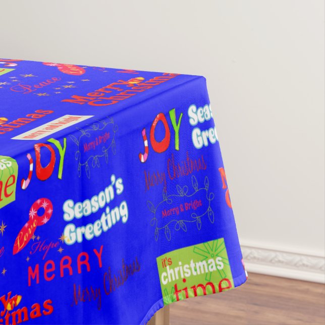 Merry Christmas Tablecloth, Seasons Greetings Blue Tablecloth (In Situ)