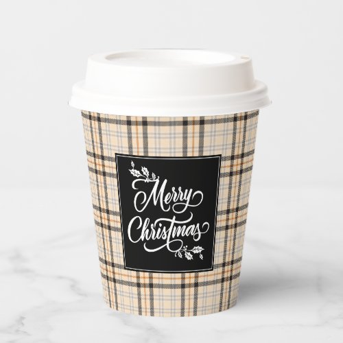 Merry Christmas Tan Plaid Pattern Holiday Paper Cups