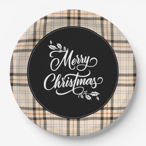 Merry Christmas Tan Plaid Pattern Holiday Paper Plates