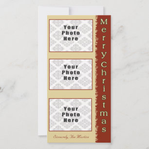 Merry Christmas Tan/Red 3 Photo 4x8 Holiday Card