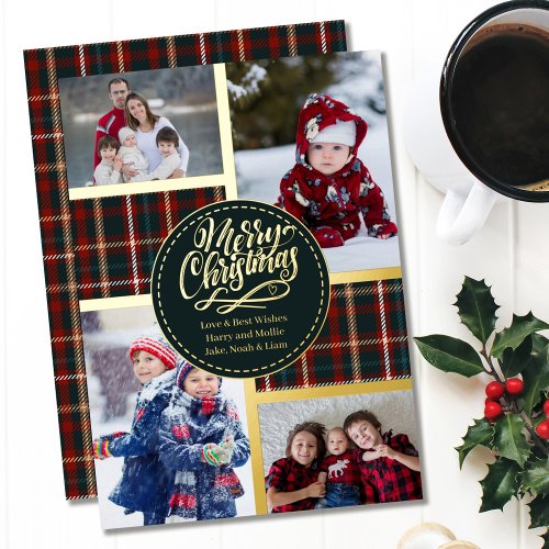 Merry Christmas Tartan Plaid 4 Photo Collage Gold Foil Holiday Card