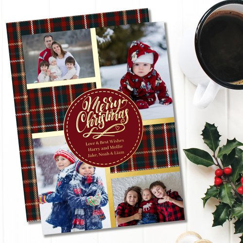 Merry Christmas Tartan Plaid 4 Photo Red and Gold Foil Holiday Card