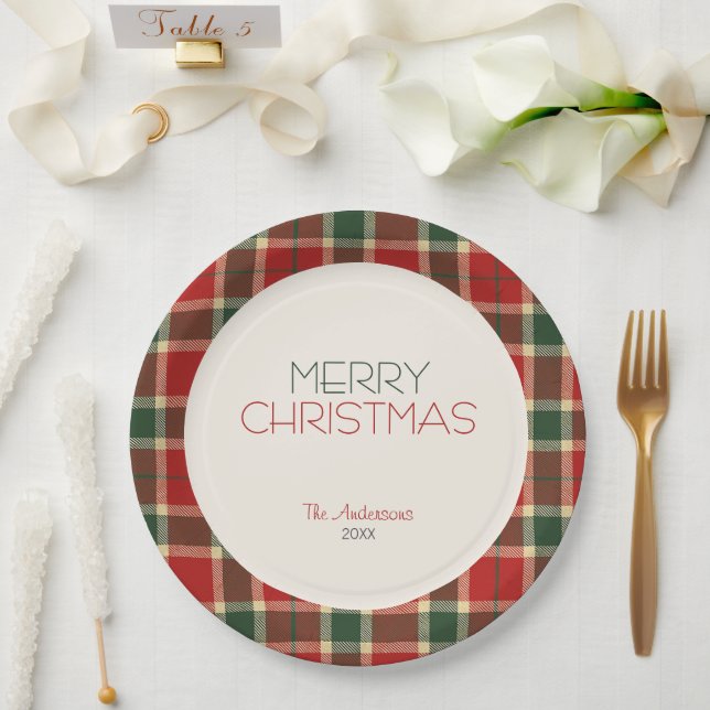 Merry Christmas Tartan Plaid Custom Paper Plates (Wedding)