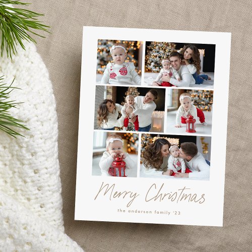 Merry Christmas Taupe Script 6 Photo Collage Holiday Postcard