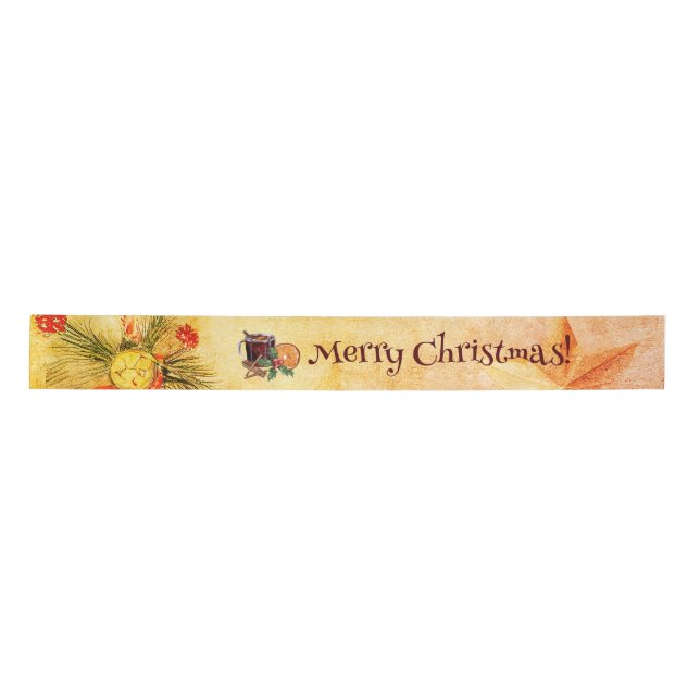 Merry Christmas Tea Cup Orange Berry Cinnamon Satin Ribbon (Front)