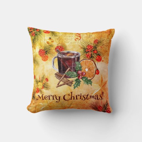 Merry Christmas Tea Cup Orange Berry Cinnamon Throw Pillow