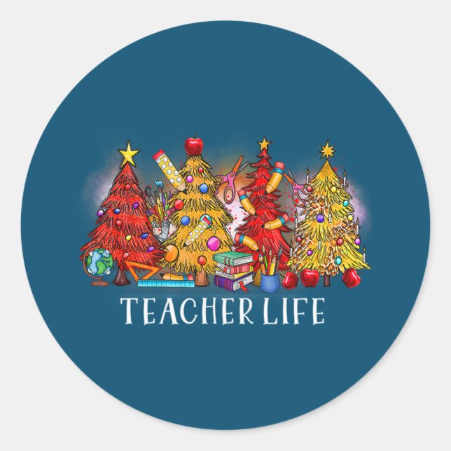 Merry Christmas Teacher Christmas Trees Tie Dye Classic Round Sticker (Front)