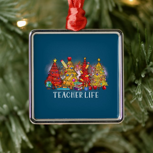 Merry Christmas Teacher Christmas Trees Tie Dye Metal Ornament (Tree)