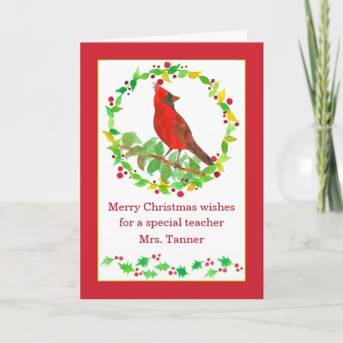 Merry Christmas Teacher Red Cardinal Bird Custom Card