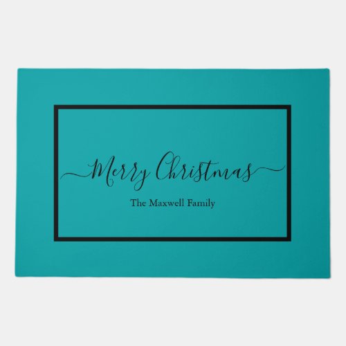 Merry Christmas teal black script family name  Doormat