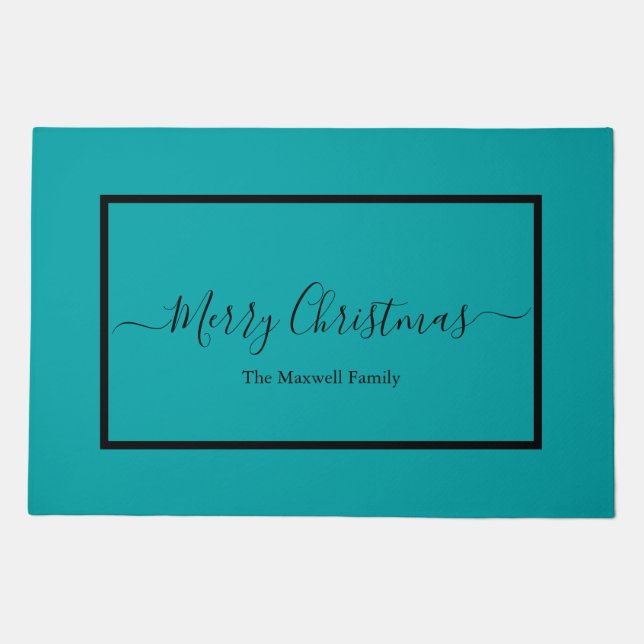Merry Christmas teal black script family name  Doormat (Front)