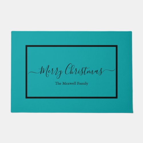 Merry Christmas teal black script family name  Doormat