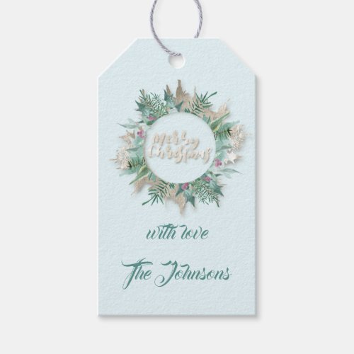 Merry Christmas Teal Blue Gray Holidays Name 3D Gift Tags
