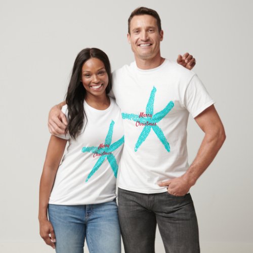 Merry Christmas Teal Blue Starfish Red White Gift T_Shirt