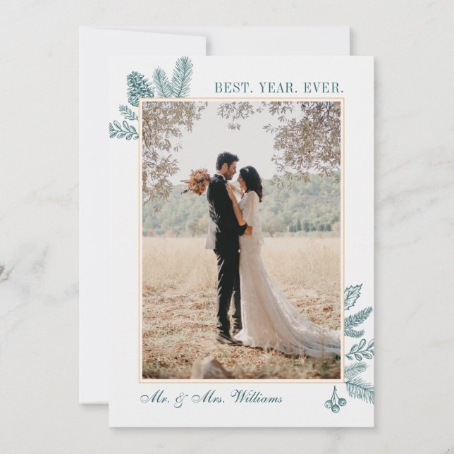 Merry Christmas Teal Floral | Photo Holiday Cards (Front)