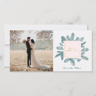 Merry Christmas Teal Floral | Photo Holiday Cards