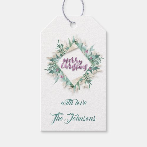 Merry Christmas Teal Frame Holiday White Violet Gift Tags