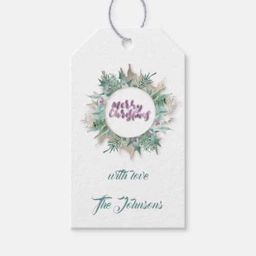 Merry Christmas Teal Frame Holiday White Violet Gift Tags