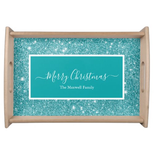 Merry Christmas teal glitter script family name Serving Tray