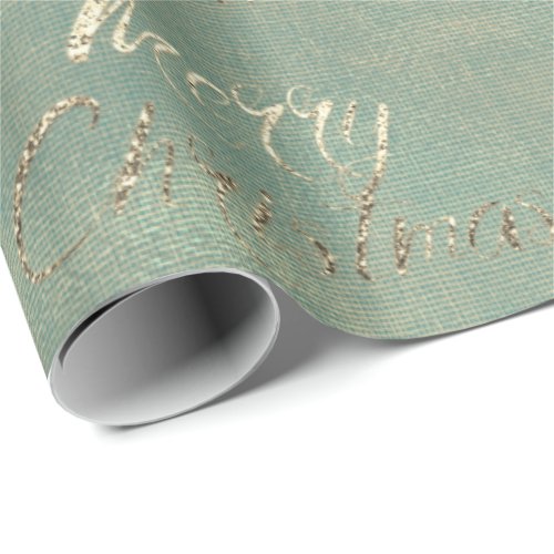 Merry Christmas Teal Gold Burlap Linen Cottage Wrapping Paper