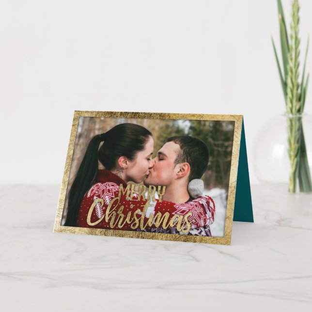 Merry Christmas Teal Green Gold Border Photo Holiday Card (Front)