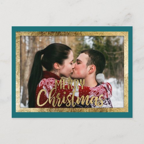 Merry Christmas Teal Green Gold Border Photo Holiday Postcard