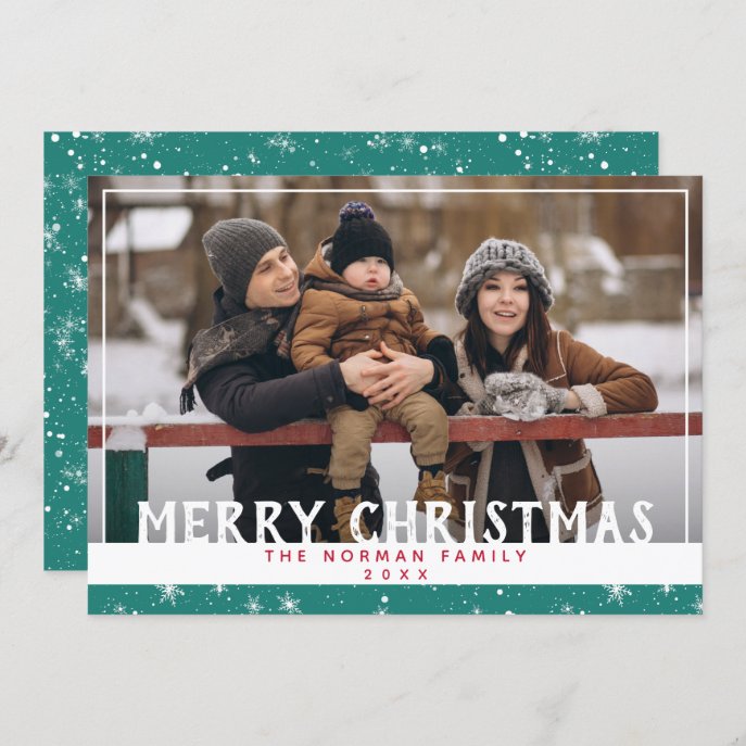 Merry Christmas Teal Green Snowflake Photo Holiday Card