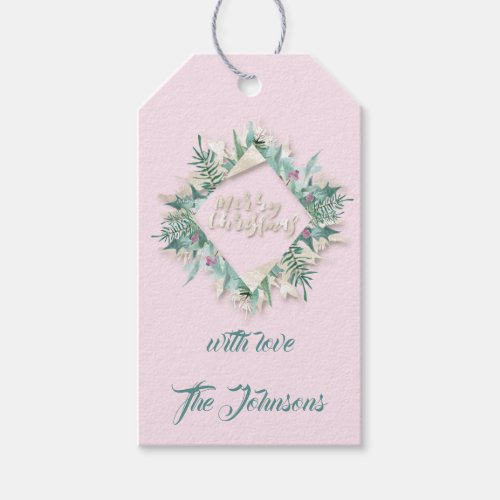 Merry Christmas Teal Pink Frame Holidays Name 3D Gift Tags