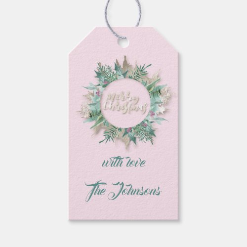 Merry Christmas Teal Pink Gray Holidays Name 3D Gift Tags