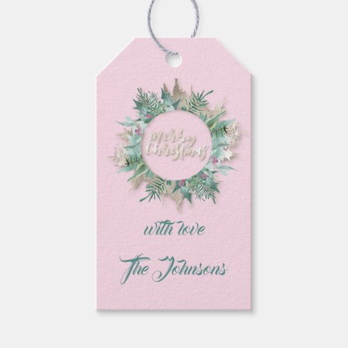 Merry Christmas Teal Pink Gray Holidays Name 3D Gift Tags